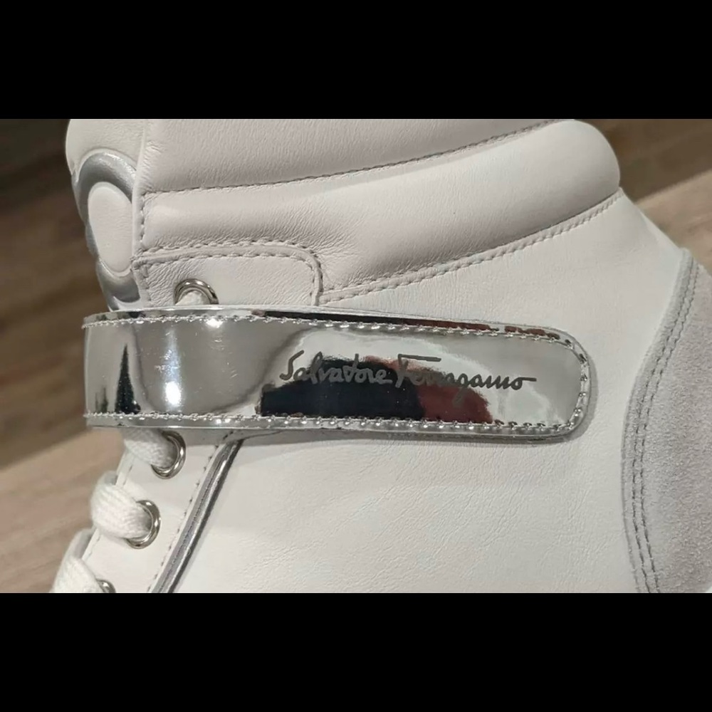 NIB Mens Salvatore Ferragamo "Noe" Leather High-Top Sneakers White/Nikel 10 - Picture 9 of 10